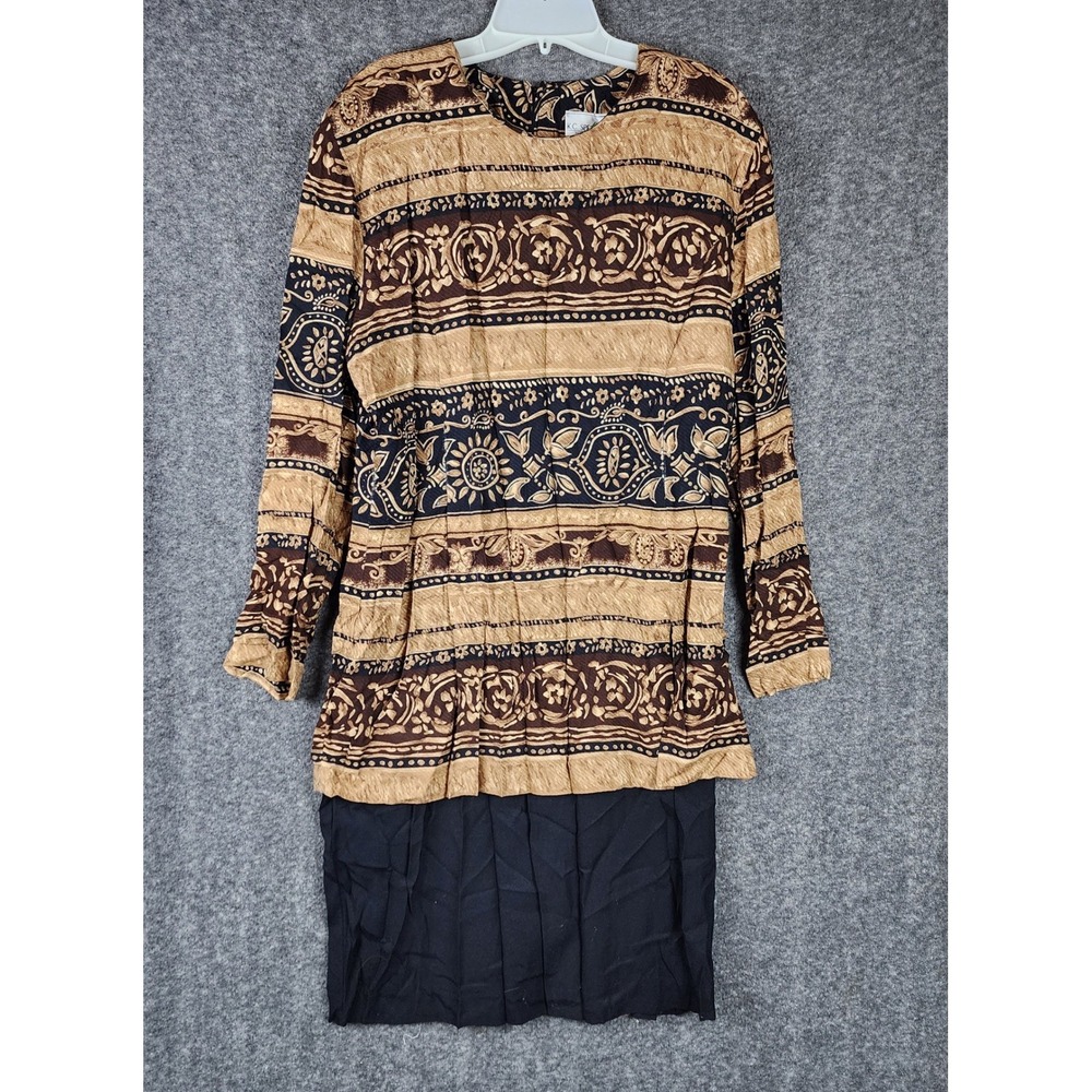 K.C. Spencer Dress Womens 16 Vintage Brown Paisley Mixed Print Long Sleeve EUC